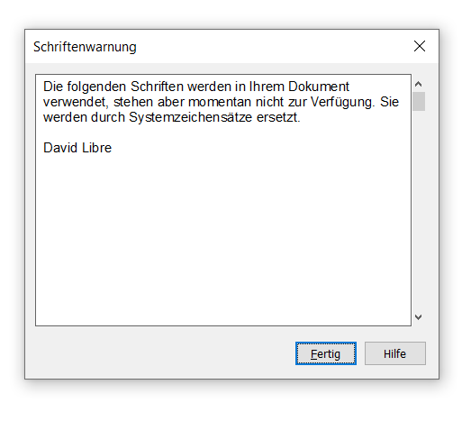 Dialogbox Schriftenwarnung